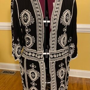 Chico's Black and Cream Embroidered Cardigan